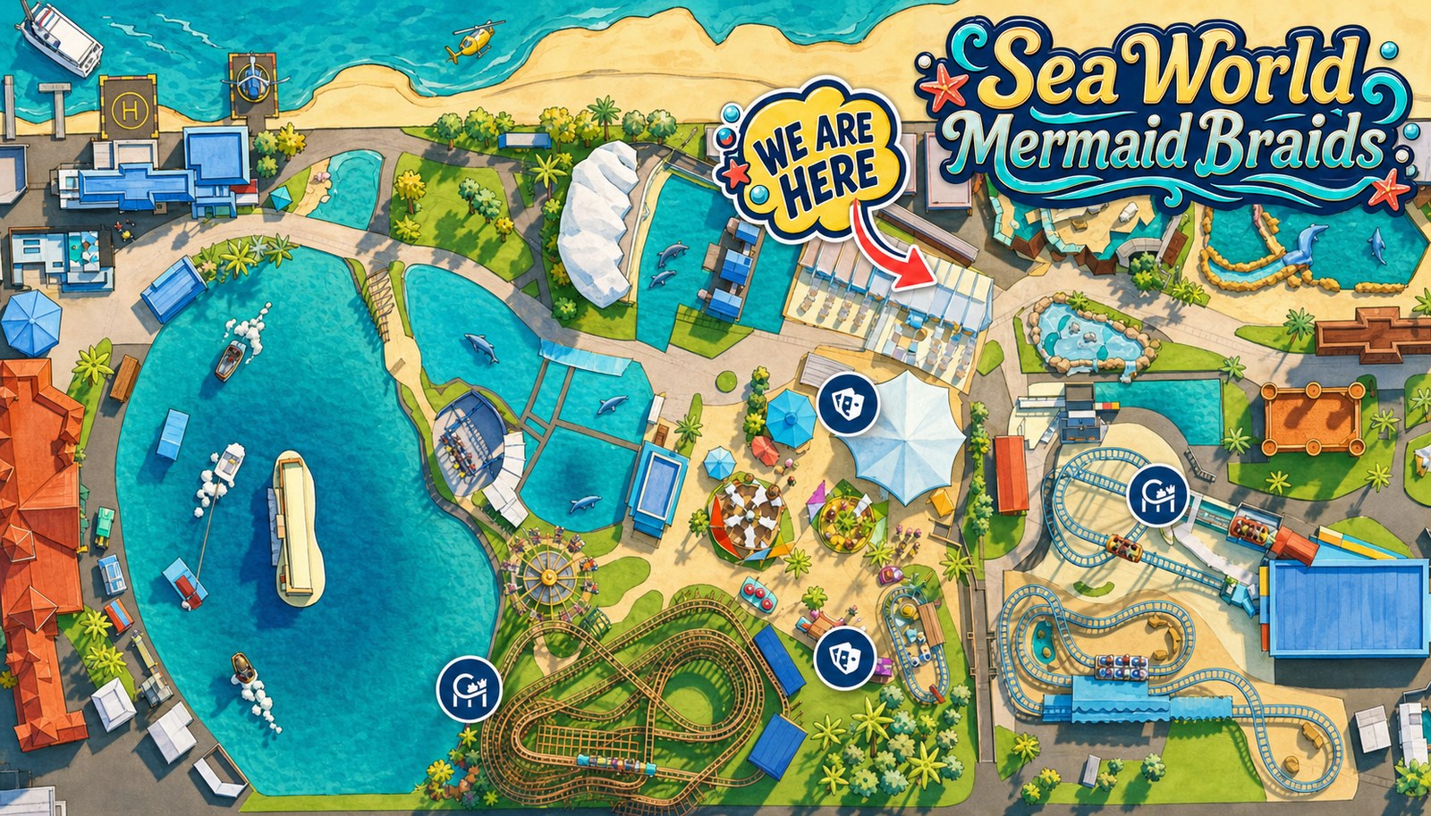 Map showing Mermaid Braids kiosk location inside Sea World
