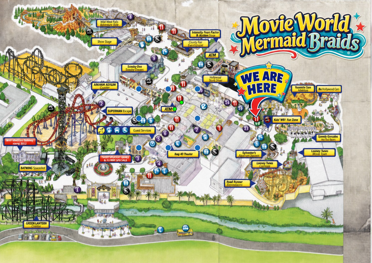 Map showing Mermaid Braids kiosk location inside Warner Bros. Movie World