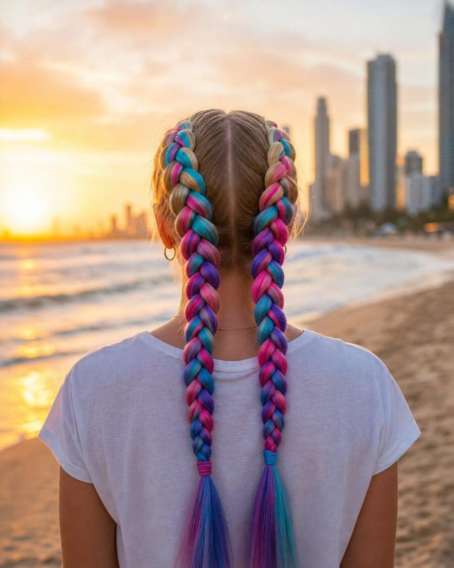 Colourful mermaid Dutch braids on the Gold Coast